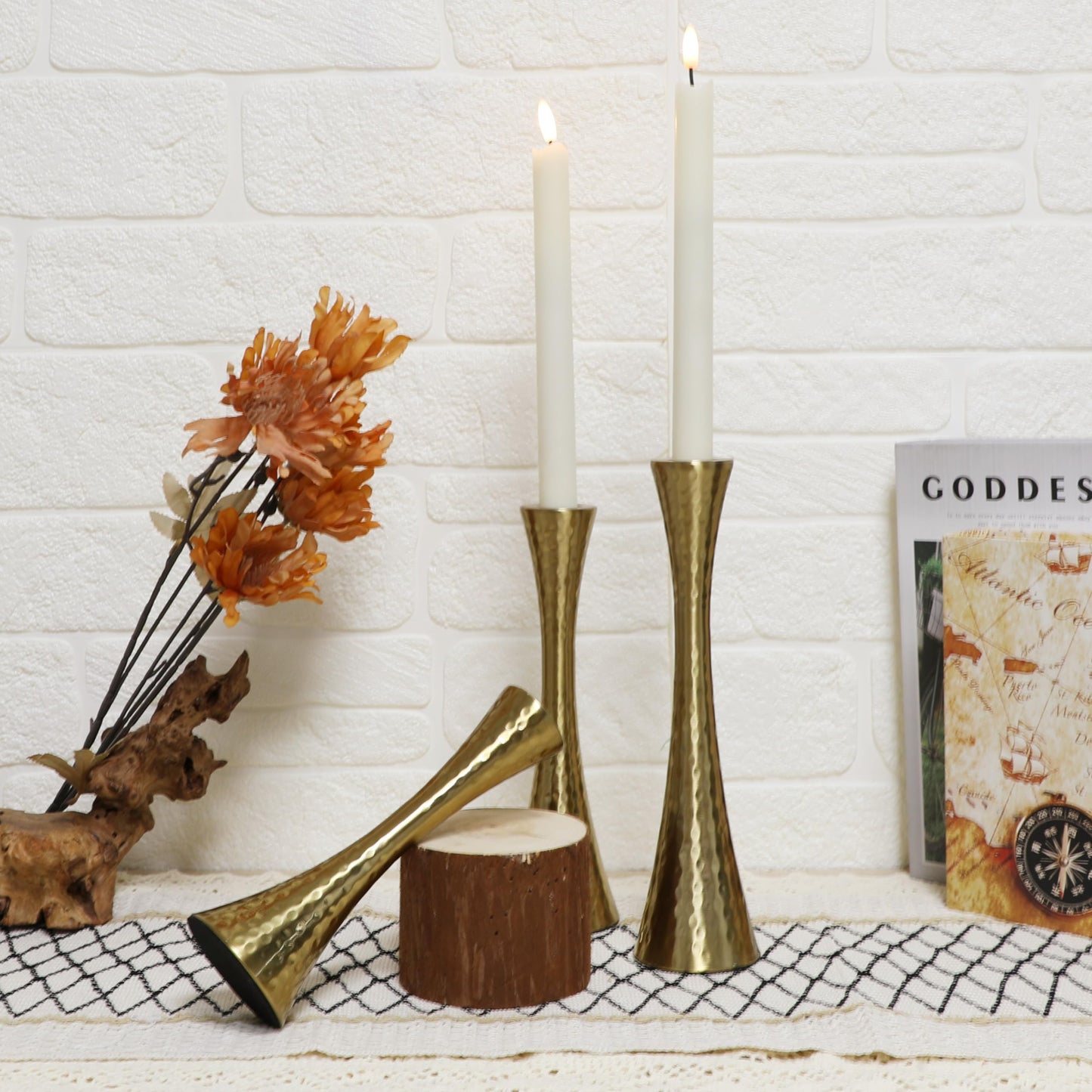 Taper Candle Holders Metal Candlestick Holders Set of 3 Table Mantel Decorative Candle Stand for Dinning,Party,Wedding,Home Decor(Brass Gold)