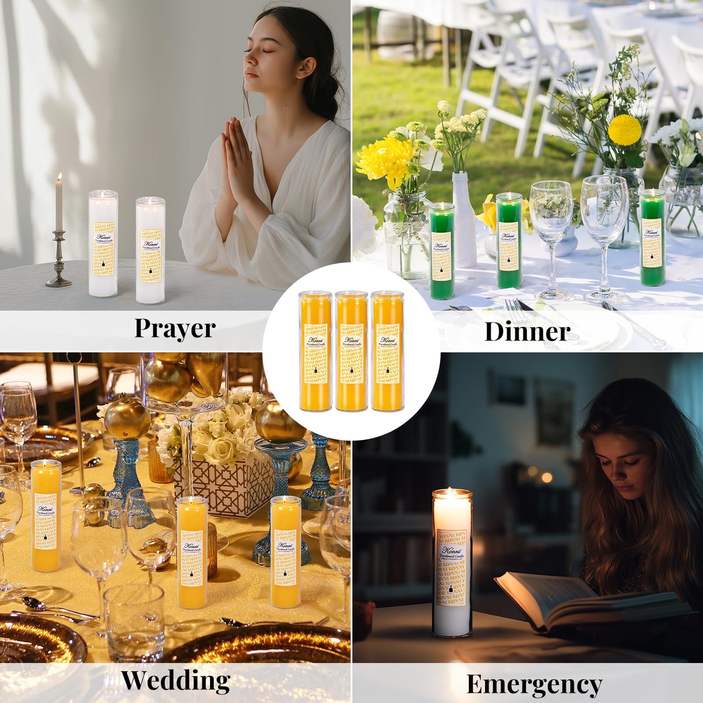KONNI 2x8 Inch Yellow Pillar Candles in Glass Set of 3, Devotional Prayer Candle, Unscented Religious Candles, 105 Hours Emergency Long Burning, Ideal for Memorials, Vigil, Blessing
