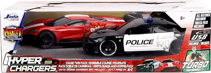 Jada Toys Hyperchargers Heat Chase Radio Control Vehicle - Twin Pack with USB Charging (2Piece) 1: 16 Scale 2015 Dodge Charger SRT Hellcat & 2017 Ford Gt
