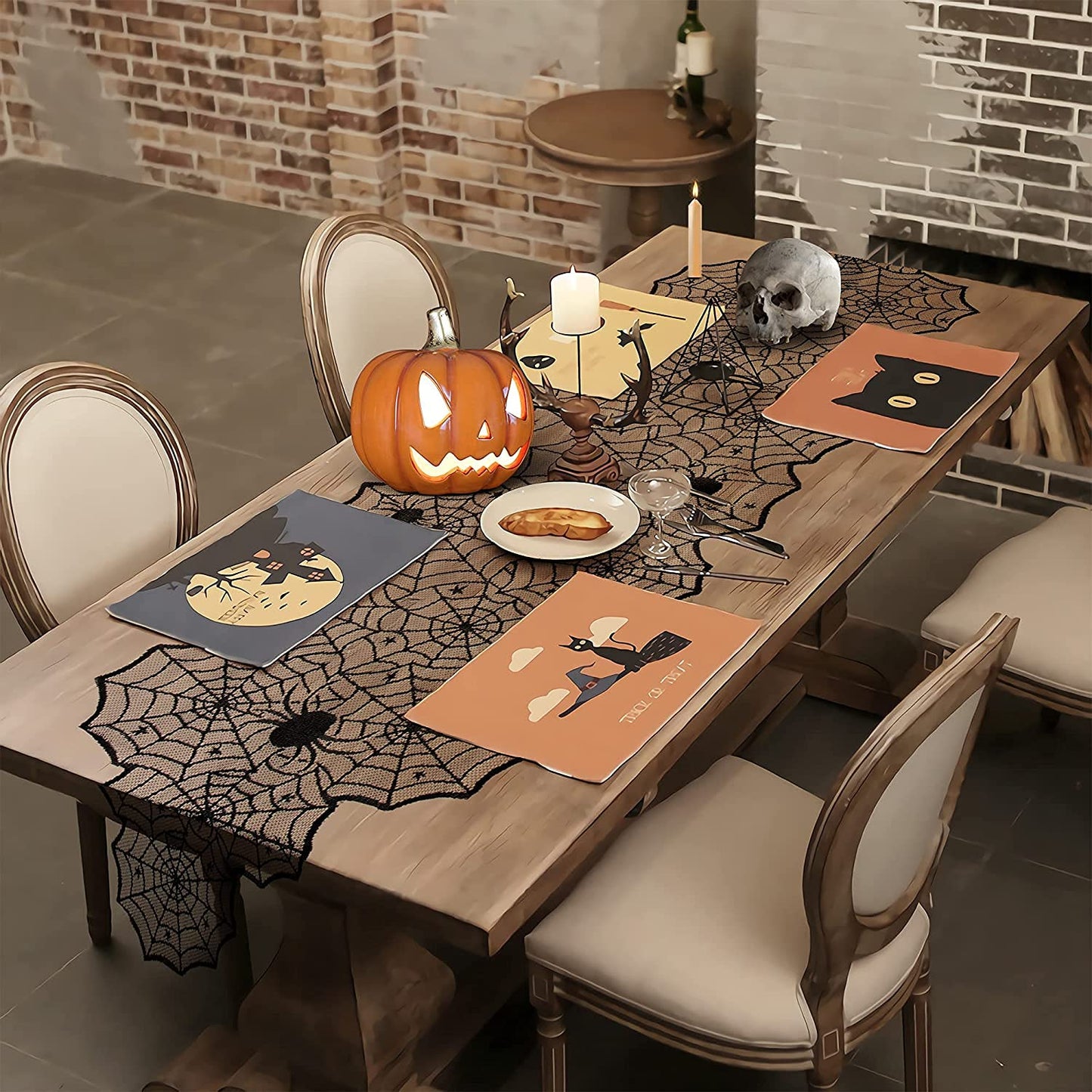 Halloween Table Runner: Black Lace Spider Web Table Runners 2 Packs 18 x 72 Inches for Halloween Decor, Vivid Polyester Spider Web Table Runner for Halloween Masquerade Party Dinner Table Decorations