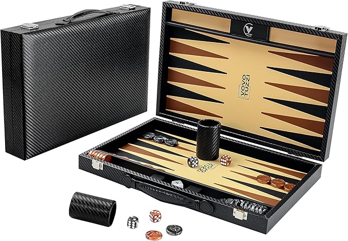 Backgammon Sets for Adults 15 Inch Backgammon Board Game Premium Carbon Fiber PU Leather Backgammon Set with Checkers & Dices Large Black Travel Backgammon
