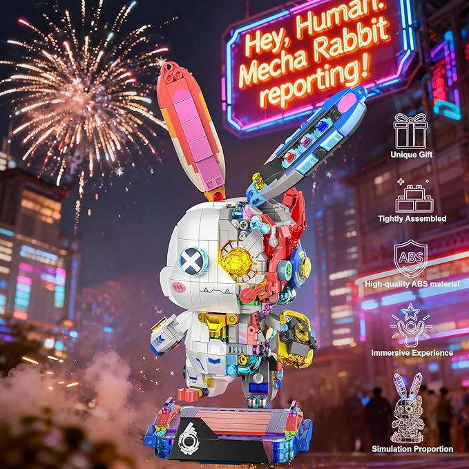 Mechanical Bunny Rabbit Building Set with LED Light-Up Eyes & Display Stand Poseable Cyberpunk Robot Animal Building Toy Model Kit for Kids Teens Ages 8–12 Birthday STEM Gift for Boys Girls 137