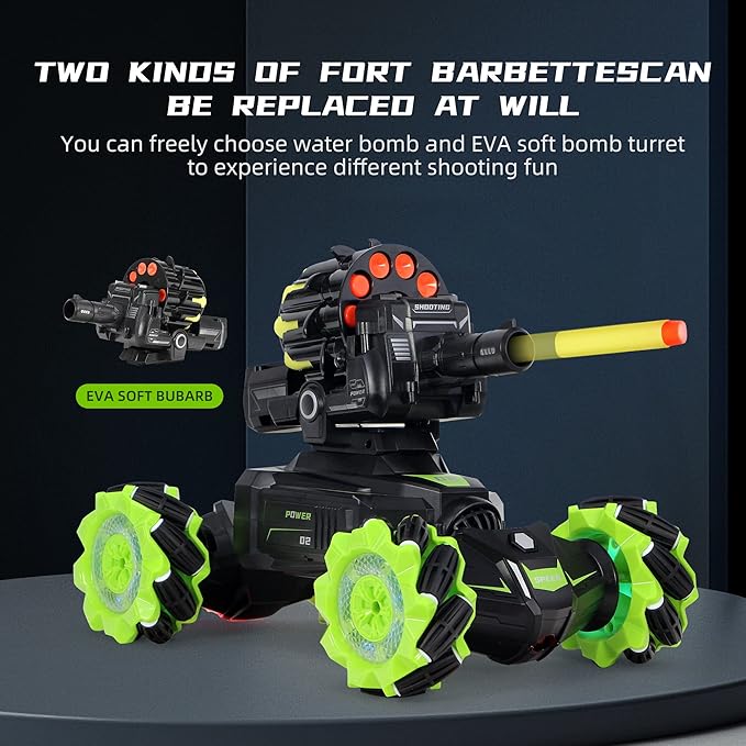 Rc Car Shoot SoftBulletFits for Nerf Remote Control Hand Gesture Stunt Drift Truck 360°Rotating Battle Tanks with Soft Bullets Water Bomb Spray Music Led Toy Gifts(Green)