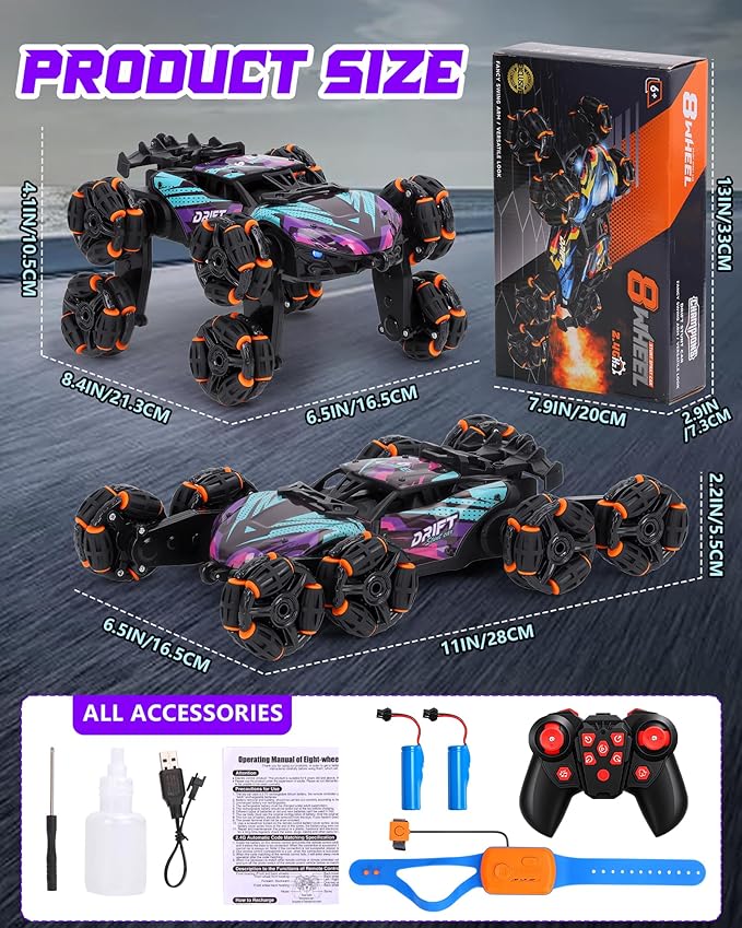 HuiJuKeJi 8WD RC Stunt Car with Gesture Sensing & Spray 2.4GHz Hand-Controlled Remote Control Car Toy with Light/Music Auto-Demo Mode Vehicle for Kids Ages 6-14 Birthday