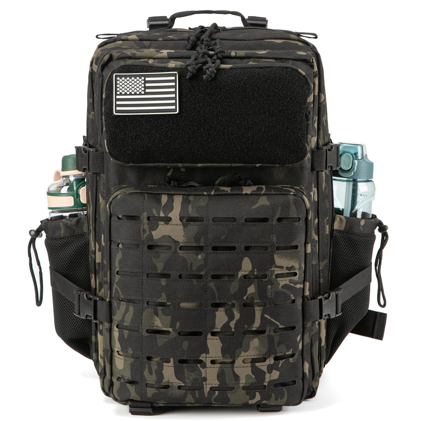 QT&QY Military Tactical Backpacks For Men Rucking Army Molle Daypack 45L Large 3 Day emergency survival backpack Bug Out Bag Gym Rucksack With Bottle Holder Black Camo