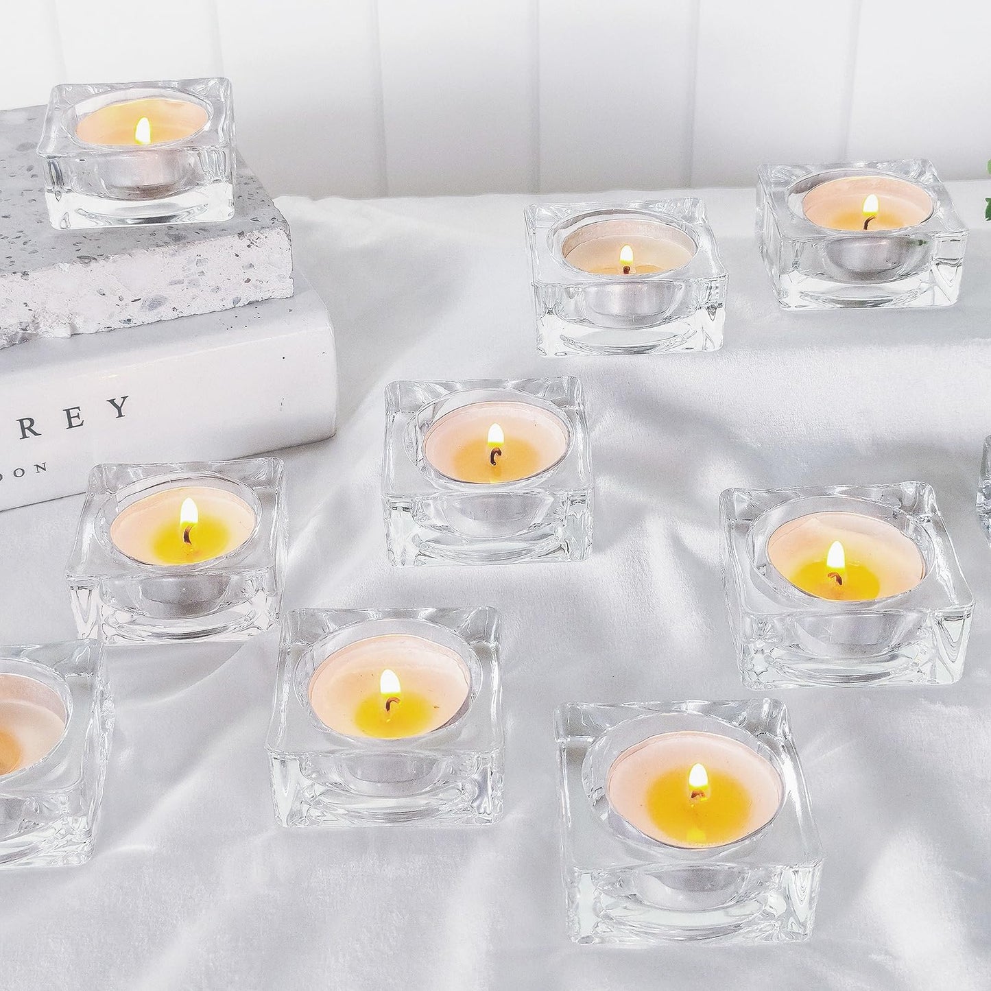 CHOCSTAY Tealight Candle Holder Set of 12, Clear Glass Candle Holder Heat-Resistant Square Holders for Wedding, Party, Home Décor