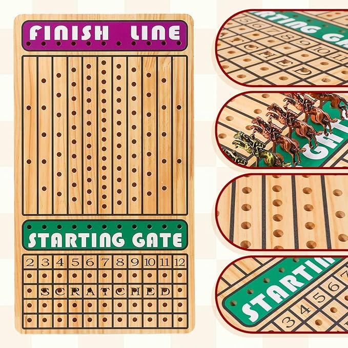 Horse Race Board Game with 11 Luxury Metal Horses 4 Dice 2 Card Boxes and Thickened Wood Game Board for 2-11 Players Family Party for Adults Teens & Kids Horse Racing Game