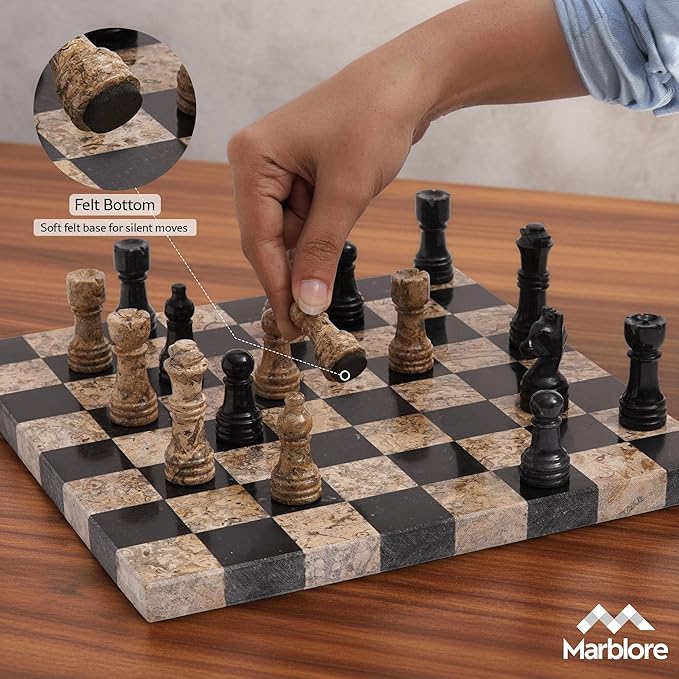 Marble Chess Set 10 Inch Black & Coral Handmade Stone Chess Board Game with 32 Pieces & 2 Extra Queens Travel Chess Set for Adults Decorative Classic Strategy Game
