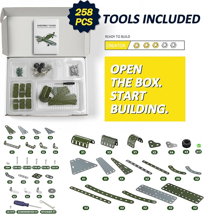 Metal Model Airplane Building Toys for Boys & Girls Ages 8-16 258 Pieces DIY STEM Construction Kits Educational Engineering Science Plane Set Vintage Aircraft Vehicle Gift for Kids & Adults