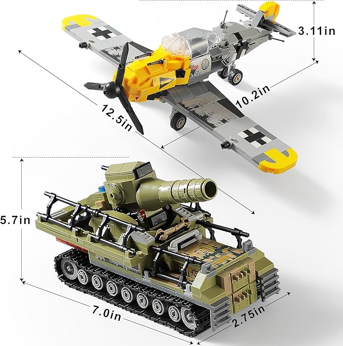 WW2 Military Toys Building Sets Compatible with Lego Create a BF109 Plane Fighter Jet & a Karl Giant Mortar Tank Great WWII Army Airplane Toy for Boys and Kids Age 8-12