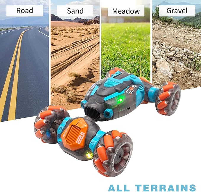 Gesture Sensing RC Stunt Car 4WD Hand Controlled Rc Car for Kids Ages 6-13 Remote Control Toys Torsion Drift Stunt Cars with Lights & Music Cool Birthday Gift for Boys Girls (Blue/Orange)
