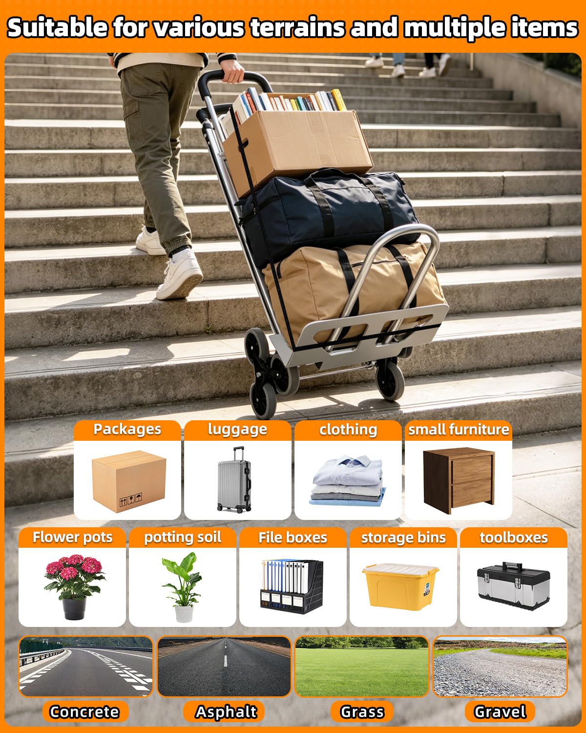 Aluminum 2 in 1 Hand Truck Dolly Cart with 6 Wheels, 600 Lbs Capacity, Heavy Duty Stair Climbing Dolly with Dual Handles, Bungee Cord & Strap for Flat Ground & Stairs, Warehouse, Home, Office, Silver