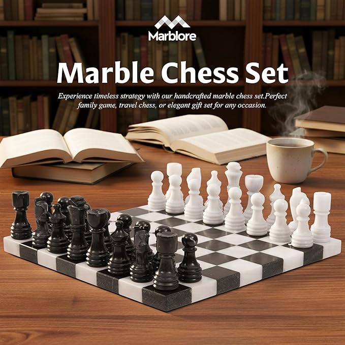 Marble Chess Set Game 12 Black & White Chess Board with 32 Chess Pieces & 2 Extra Queens Beginner Board Game Chess Set for Valentine’s Day Game Nights
