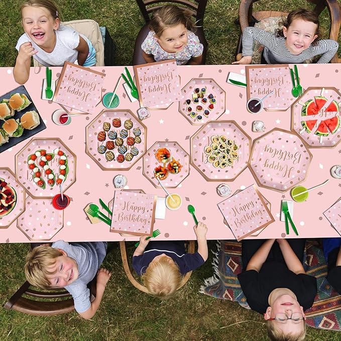 Rose Gold Birthday Party Supplies - Disposable Paper Plates Napkins Cups Tablecloth & Banner for Girl/Women Celebration Serves 25 - Decorate with Our Rose Gold Plates and Napkins Set
