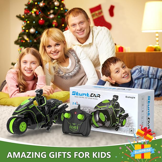Eulogia Remote Control Motorcycle 360° Spinning Wheel RC Stunt Motocross Toys High Speed Riding Model with Rechargeable Battery Drift Motorbikes for Kids Gift for Boys & Girls Ages 5+