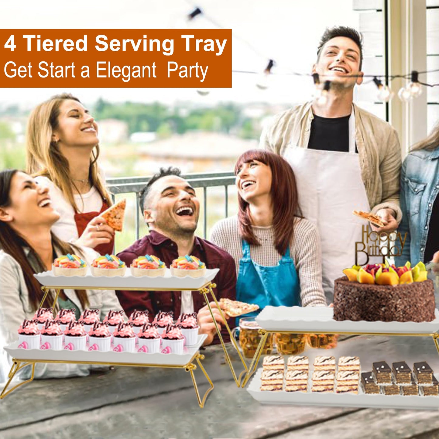 KAQAHIDO Large Non Slip Serving Tray with Handles and 34x22x10 inch Wave Edge 4 Tier Serving Tray for Party Buffet Entertaining
