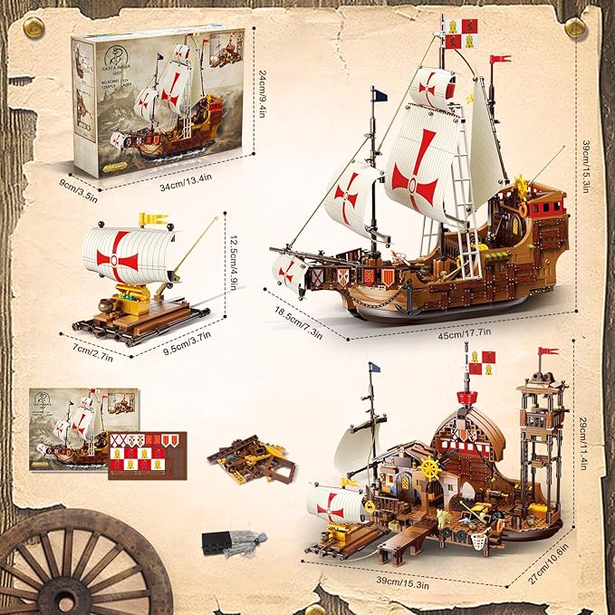 Santa Maria Ship Building Set with LED Lights 2 in 1 Pirate Ship House Wharf Building Block Kit 1253 PCS Adventure Merchant Ship Model Building Toy Gift for Adults Teens Boys Girls Ages 12+