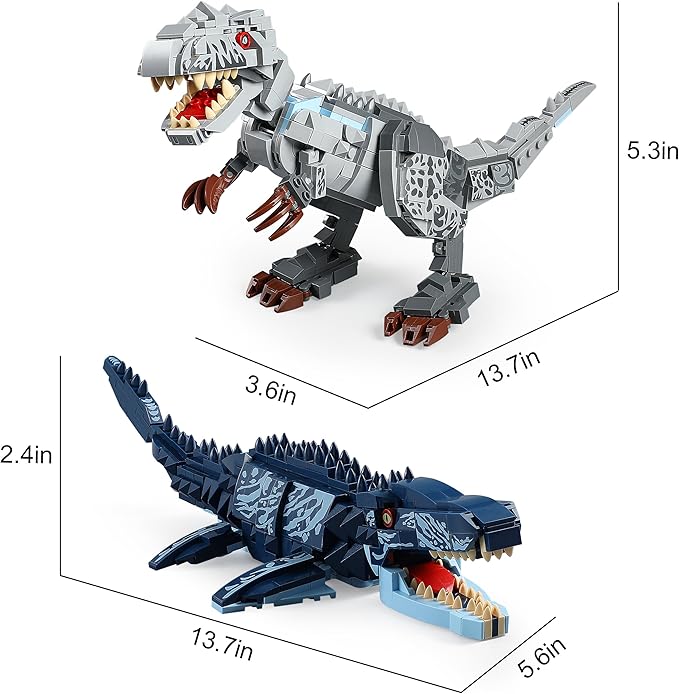 Dual Dinosaur Building Sets - Indominus Rex & Mosasaurus Dinosaur Toys with Poseable Joints STEM Educational Toys for Kids Ages 6-12 Creative Birthday Gifts for Boys and Girls