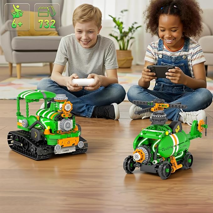 STEM Robot Building Kits for Kids 6-14 5in1 Remote & APP Controlled STEM Tractor/Frog/Robot Building Toys 732 Pcs Educational Building Block Sets for Kids Erector Sets Gifts for Boys Girls