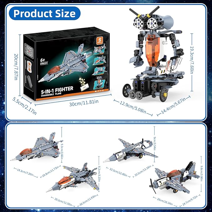5 in 1 STEM RC Robot Building Kit Fighter Jet Airplane Building Set with APP & 2.4GHz Remote Control Technic Transformable Fighter Plane Toys for Kids Boys Age 6 7 8 9 10 11 12+ Birthday Gifts