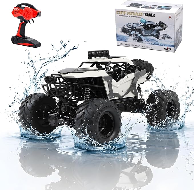 1:8 Large Amphibious RC Car – 4WD Waterproof Monster Truck Drives on Water & Land All Terrain Remote Control Truck with LED Lights Toy for Kids 3 Years and Up