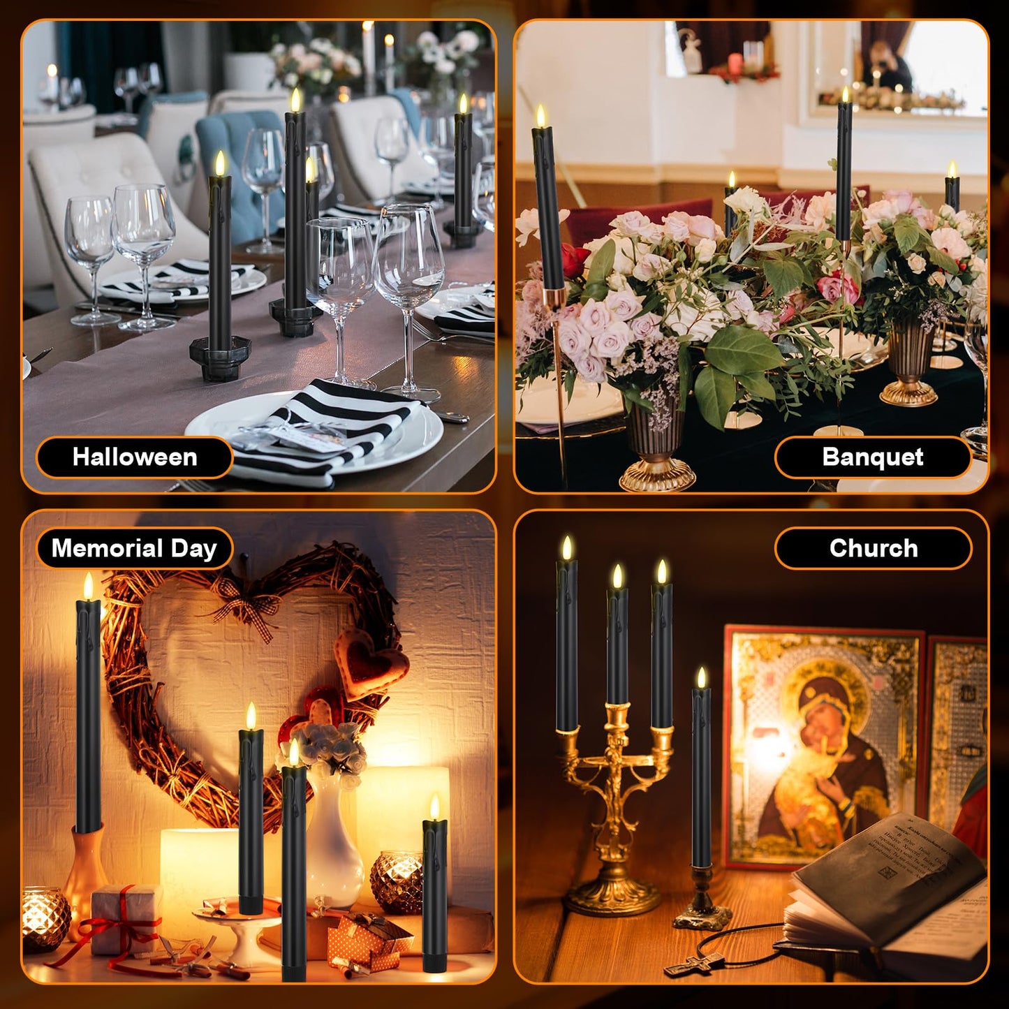 Macarrie 24 Pcs Black Flameless Taper Candles LED Battery Operated 6.5'', 7.7'', 8.8'', 10'' 3D Flickering Flame Candlesticks Drip Wax Shaped Candle for Wedding Anniversary Party Decoration