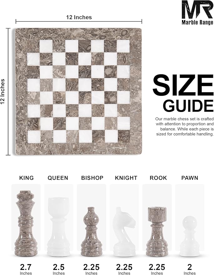 Marble Chess Set for Adults 12 Handmade Oceanic & White Board Game with 32 Chess Pieces 2 Extra Queens & Storage Box Luxury Travel Game Elegant for Home Decor