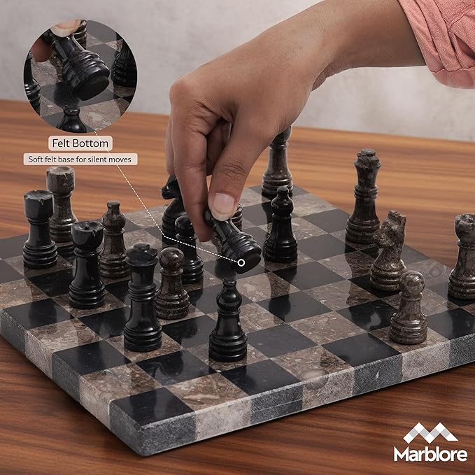 Marble Chess Set 10 Inch Oceanic & Black Travel Chess Board with 32 Pieces & 2 Extra Queens Luxury Decorative Stone Chess Game for Adults Ideal Gift for Women's Day