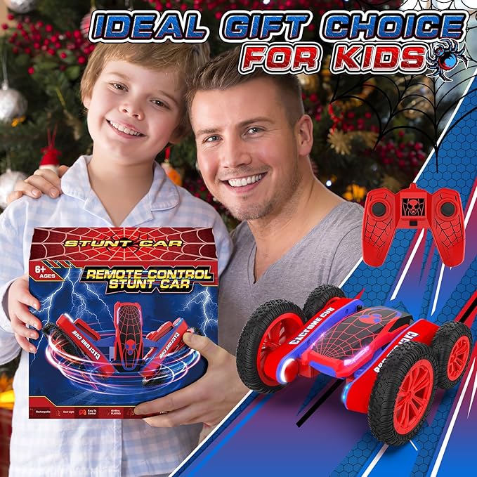 Spider Remote Control Car for Kids - 2.4Ghz Fast RC Stunt Cars 360° Rotating 4WD RC Crawler with Lights Rechargeable Car Toy for Boys Ages 6 7 8 9 10 Birthday Black&Red