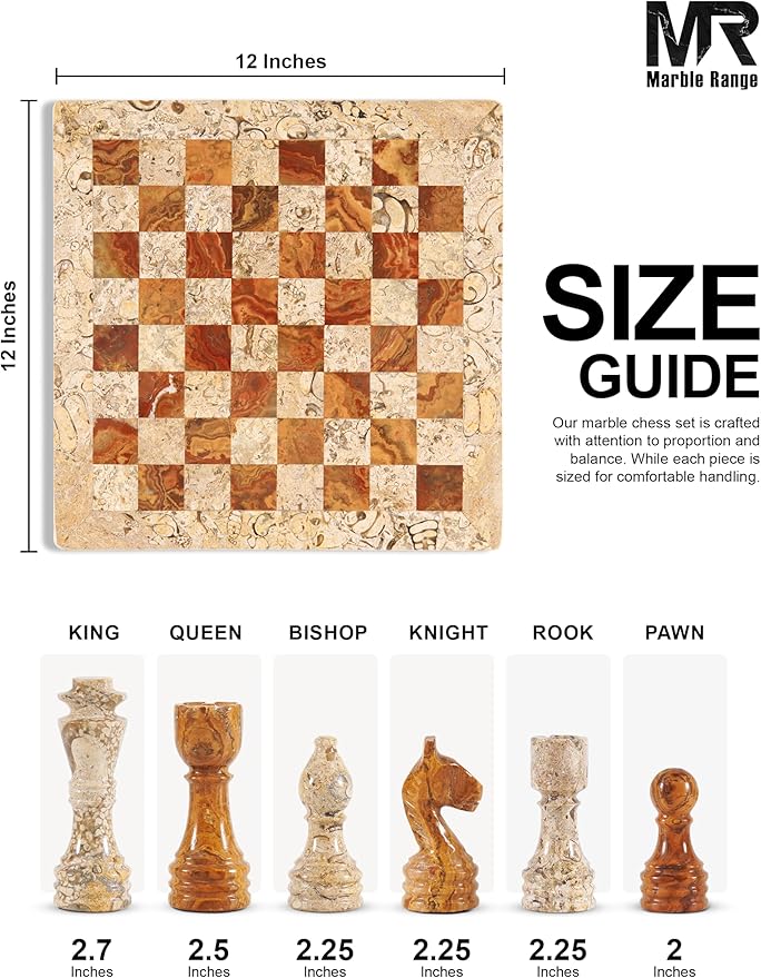 Marble Chess Set 12 Inch Handmade Coral & Dark Brown Board Game with Storage Box Classic Travel Chess Set for Adults with Pieces & 2 Extra Queens Elegant Home Décor