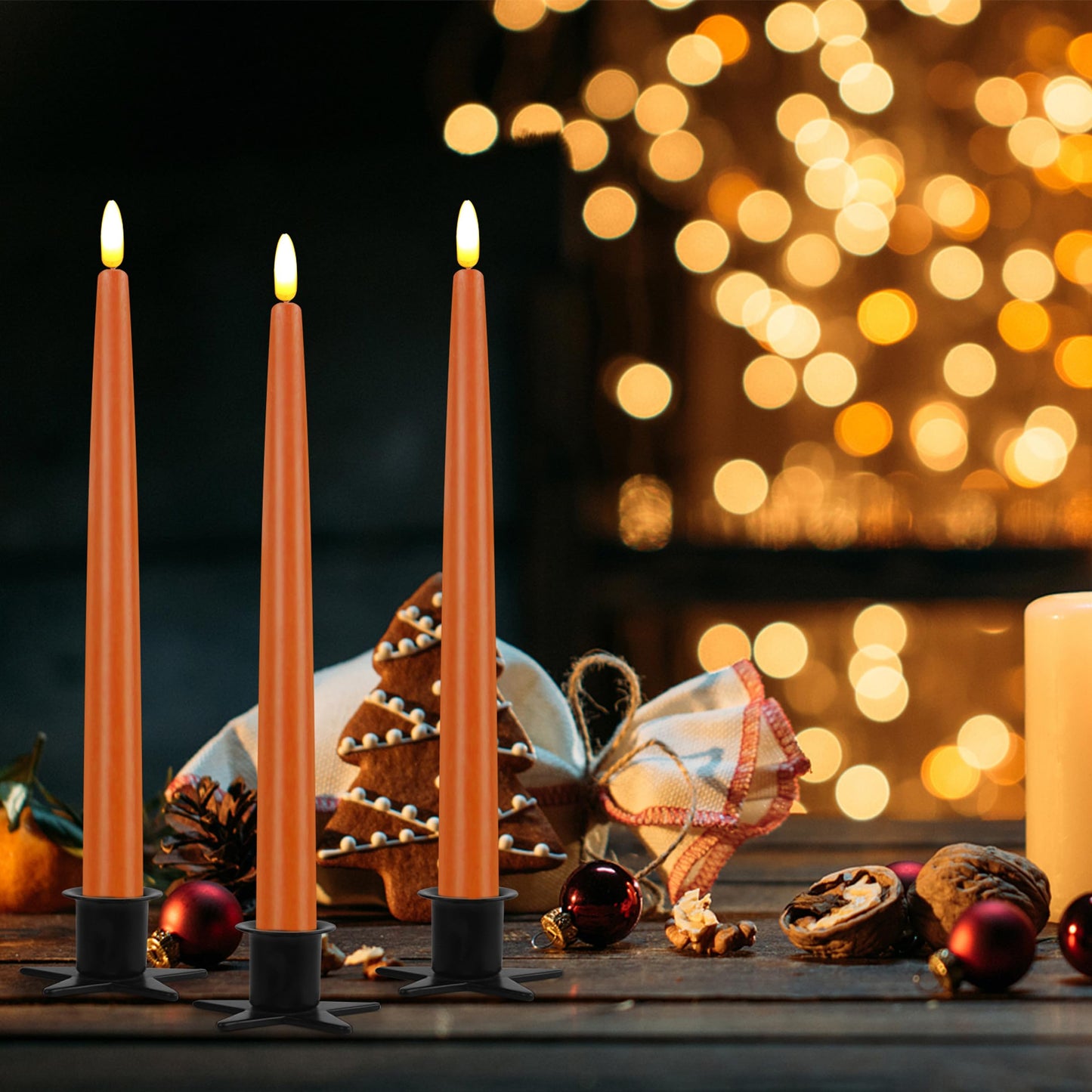 CVHOMEDECO. Flameless Taper Candles with 10-Key Remote, Battery Operated Led Flickering 3D Wick Window Candles Real Wax Finished Home Christmas Party Decor 0.78 x 11 Inch, Pack of 3, Orange