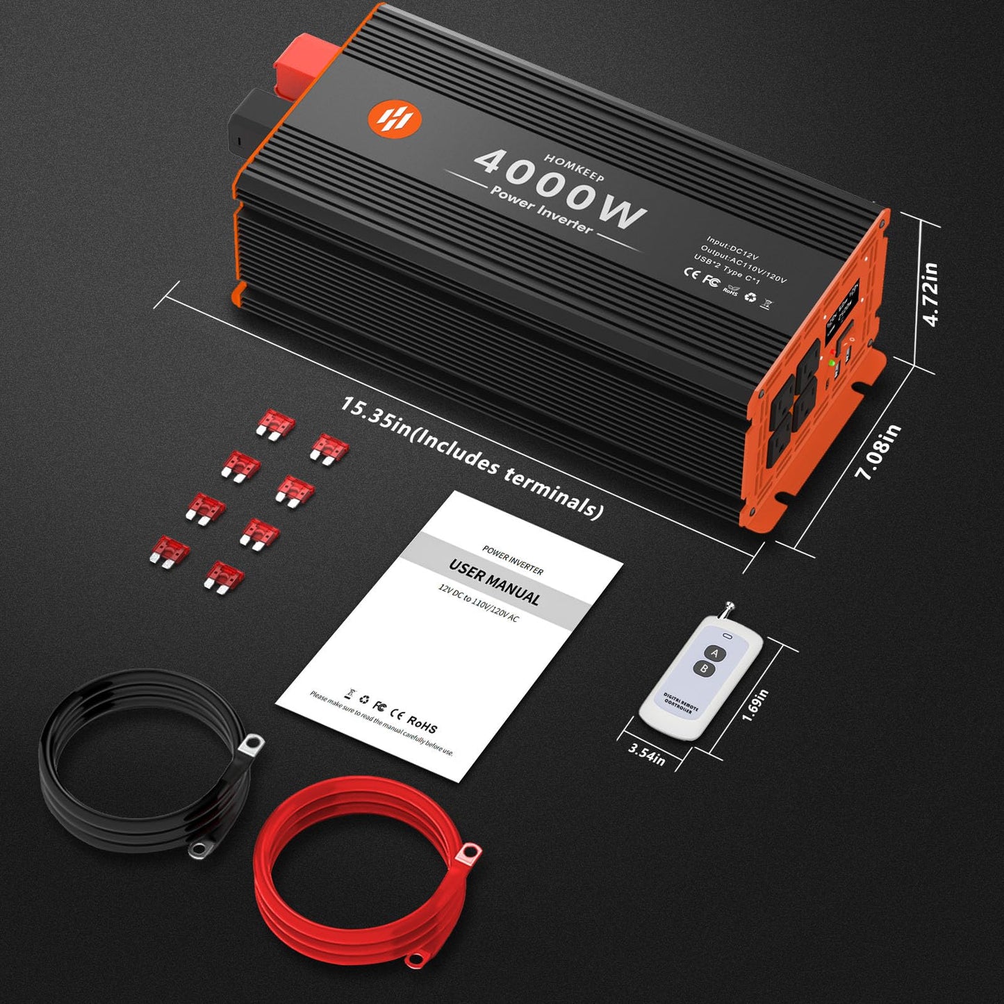 4000 Watt Power Inverter 12V DC to 110V/120V AC Converter Peak Power 8000W Car Inverter with LCD Display 4 AC Outlets, 2 USB & Type-C Port for RV,Truck,Off-Grid Solar System with Remote Controller