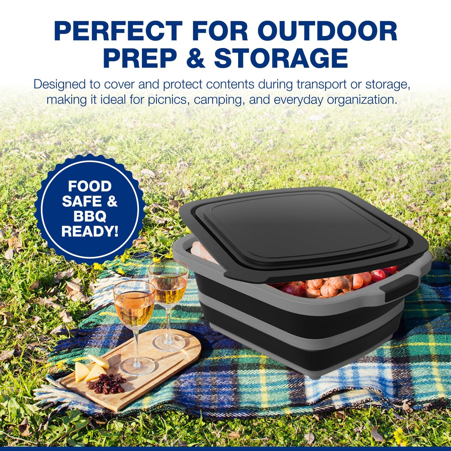 2-Pack XL Collapsible BBQ Prep Tub with Built-In Cutting Board, Lid & Strainer – Marinate, Drain & Prep – Large Food-Safe Container – Perfect for Grilling, Smoking & Outdoor Cooking