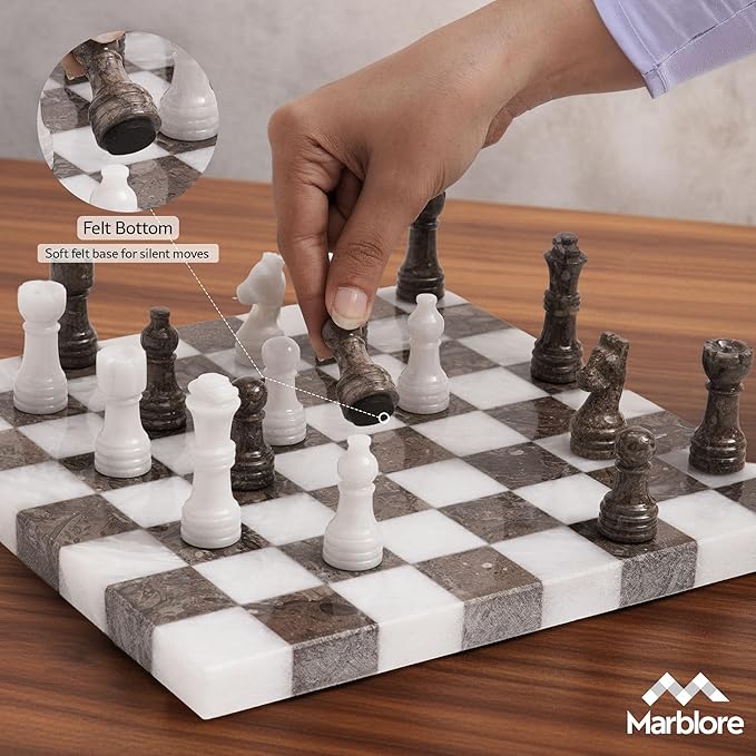 Marble Chess Set 10 Inch White & Oceanic Luxury Chess Board Set with 32 Pieces & 2 Extra Queens Classic 2 Player Game for Adults Travel & Home Decor Friendly
