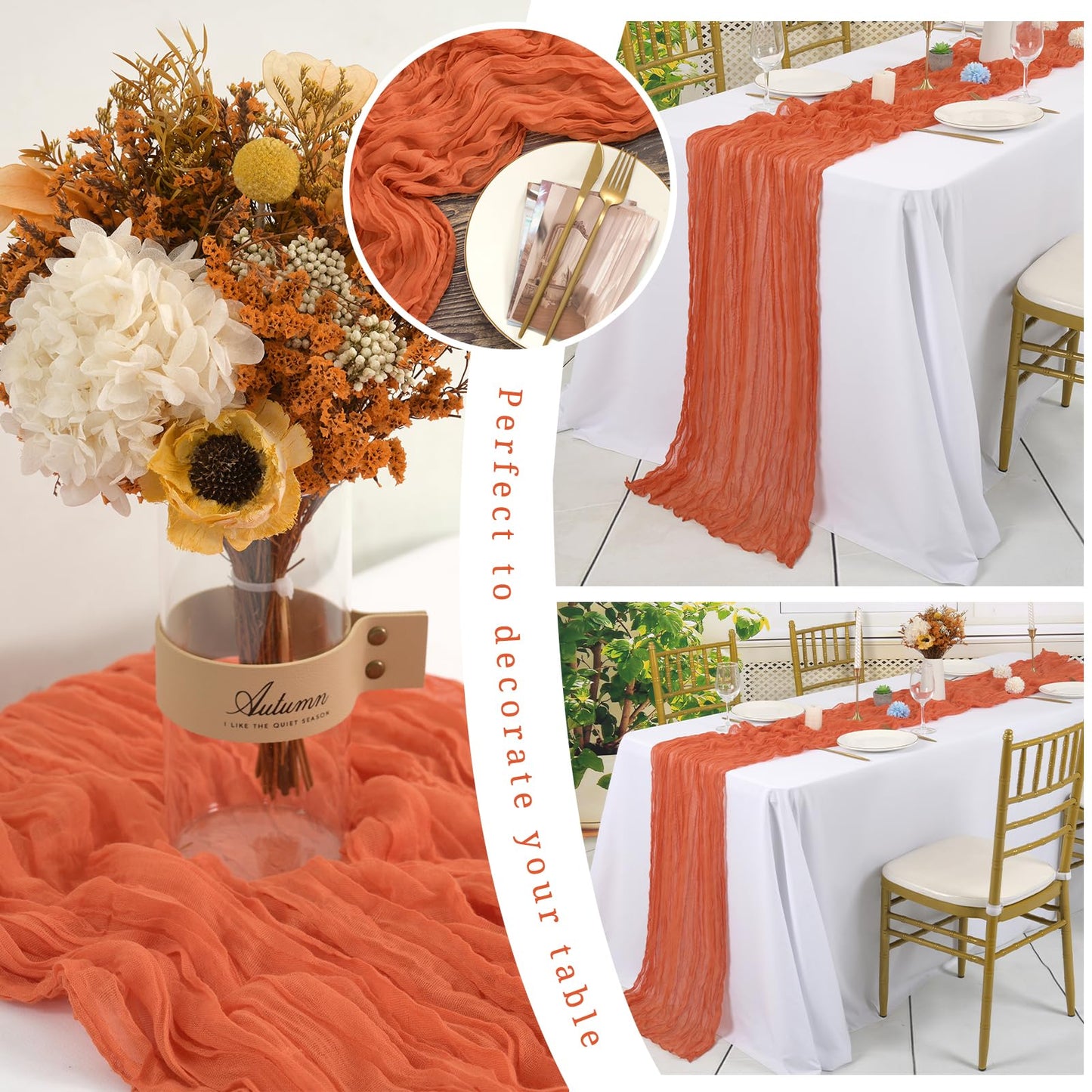 12 Pack Orange Cheesecloth Table Runner,10FT Gauze Boho Long Easter Cheesecloth Table Runners 20x120inch Rustic Cheese Cloth Table Runner for Wedding Party Bridal Shower Table Fall Decorations