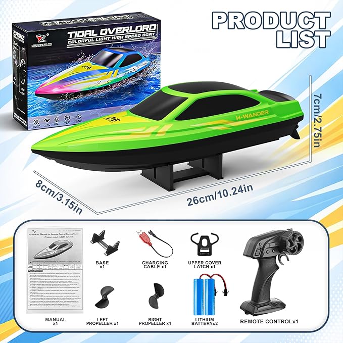 Remote Control Boat with 7-Mode Colorful LED Lights10 Inch RC Boat15KM/H High Speed2.4GHz3 Speed Modes2 Rechargeable BatteriesAuto Flip RecoveryPool & Lake Racing Gifts for Kids & Adult
