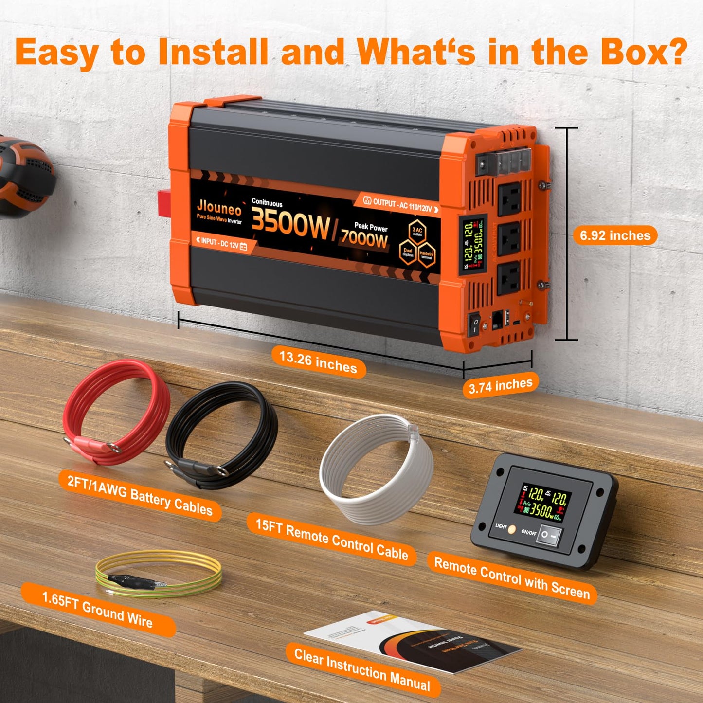 Jlouneo 3500W Pure Sine Wave Inverter, 12V DC to 110V/120V AC Power Inverter for Truck, Semi Truck, RV, Off-Grid Solar, Home Backup, with 3 AC Outlets, Dual LCD Display, Remote Control, Hardwire Port