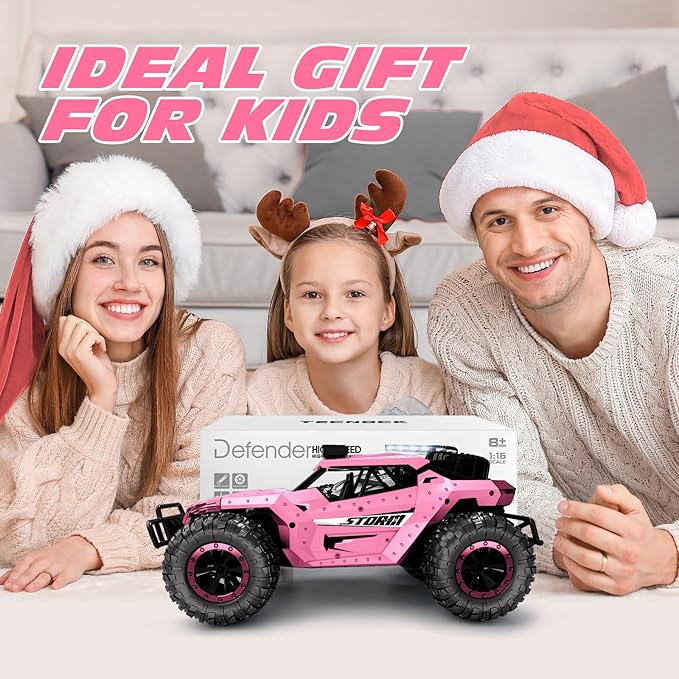 Tecnock Pink RC Car 1/16 Scale Remote Control Car for Girls High Speed 20 Km/h All Terrains Rc Monster Truck with Two Rechargeable Batteries & Head Chassis Lights Gift Toy for Kids Adults