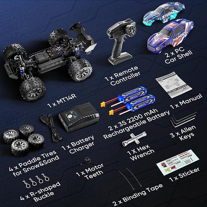 1/14 Brushless RC Cars Fast 50 mph4WD Waterproof All Terrain Truck with 2 Lipo Batteries and 25W Fast Charger4x4 Hobby MTR RC Truck with 3S Battery
