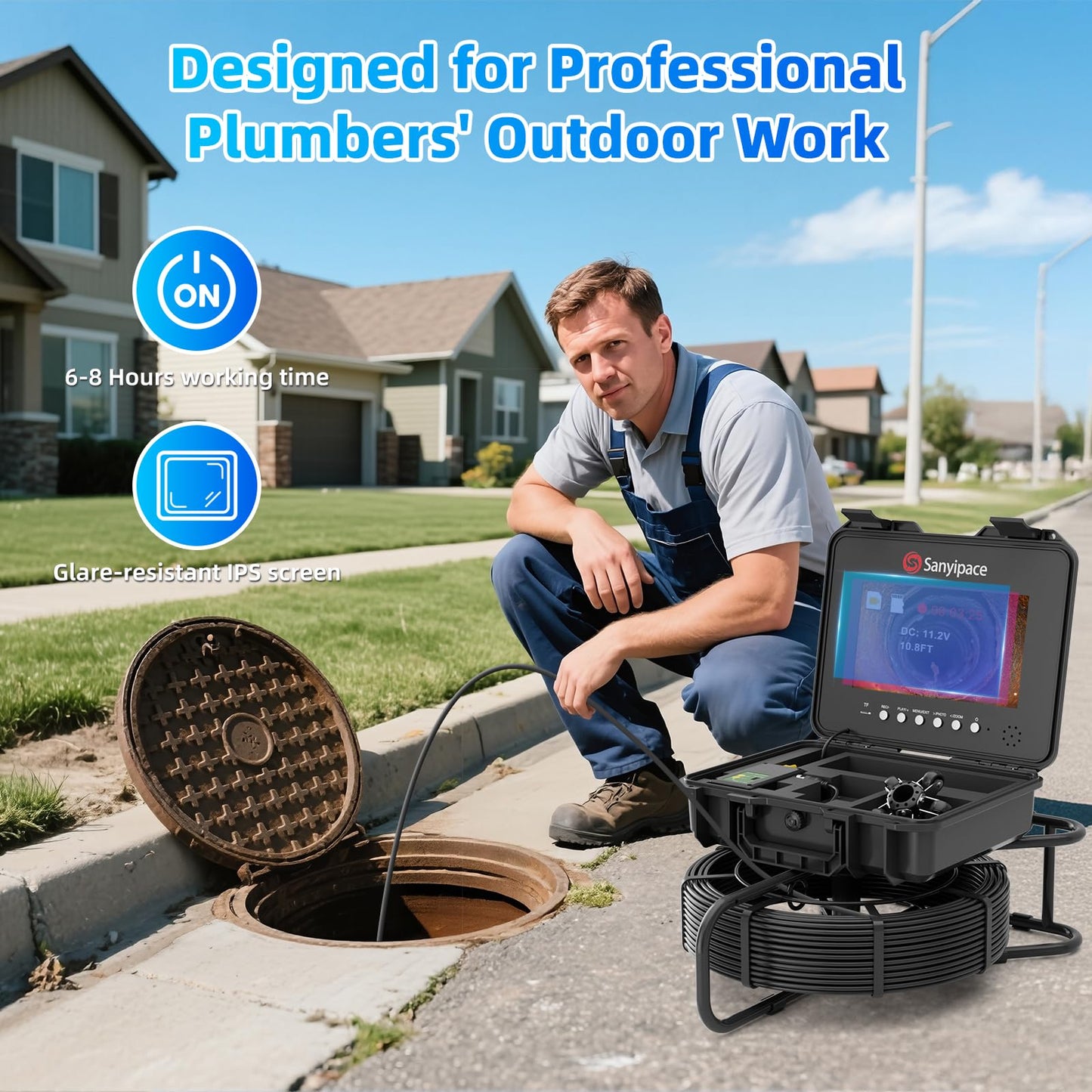 Sanyipace Sewer Camera with Pipe Locator, 7mm/0.28inch Cable, 512Hz, 10.1" IPS Screen, 32GB Card, 165FT/50M Borescope Inspection Camera, DVR with Speaker, for Drain Pipe Plumbing Inspection