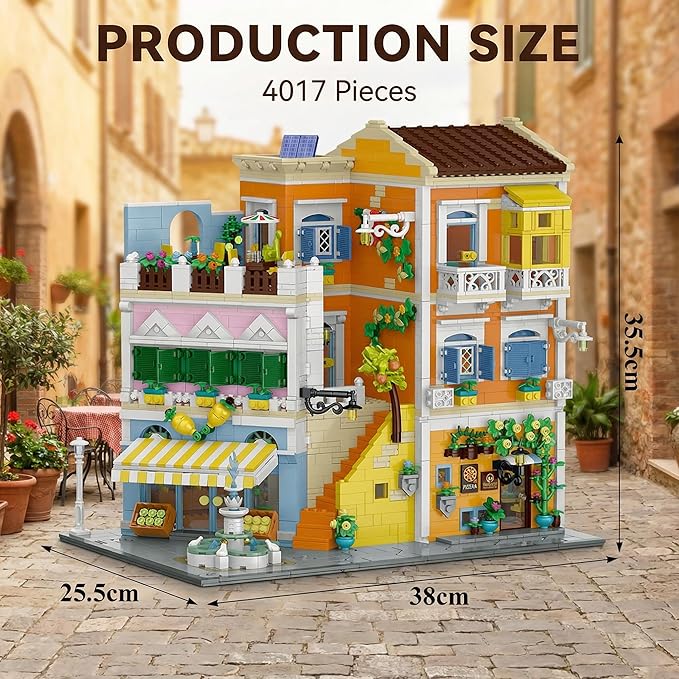 Italian Street View Building Blocks Set - 3-Story Pizza Shop & Lemon Store Modular Bricks with Fountain & Balcony Details 4017 Pieces for Adults & Teens Collectible Architecture Model Ki