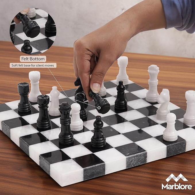 Marble Chess Set 10 Black & White Chess Games with 32 Chess Pieces & 2 Extra Queens for Beginner Board Games Valentine’s Day Game Nights
