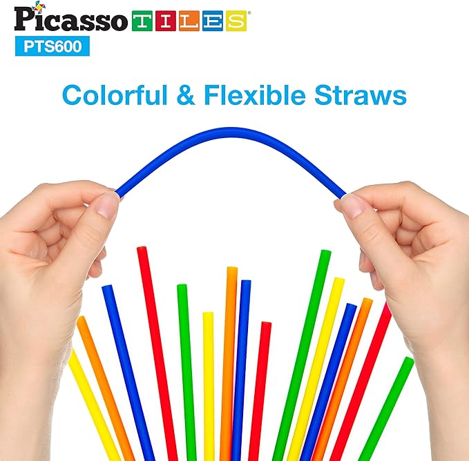 PicassoTiles 600pc Construction Toy Straw Building Set Children STEM Learning Interlocking Building Toys Creative Straw Connecting Builder Kits Early Education Kit for Kids Boys & Girls Ages 3+ PT