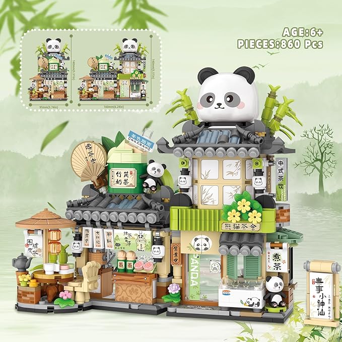 Street View Tea Shop Mini Building Blocks MOC Creative Building Toys Cute Panda Animals Building Set for Girls 6-12 Simulation Architecture Construction Toy Gift Idea for Kids Adults (860PCS)