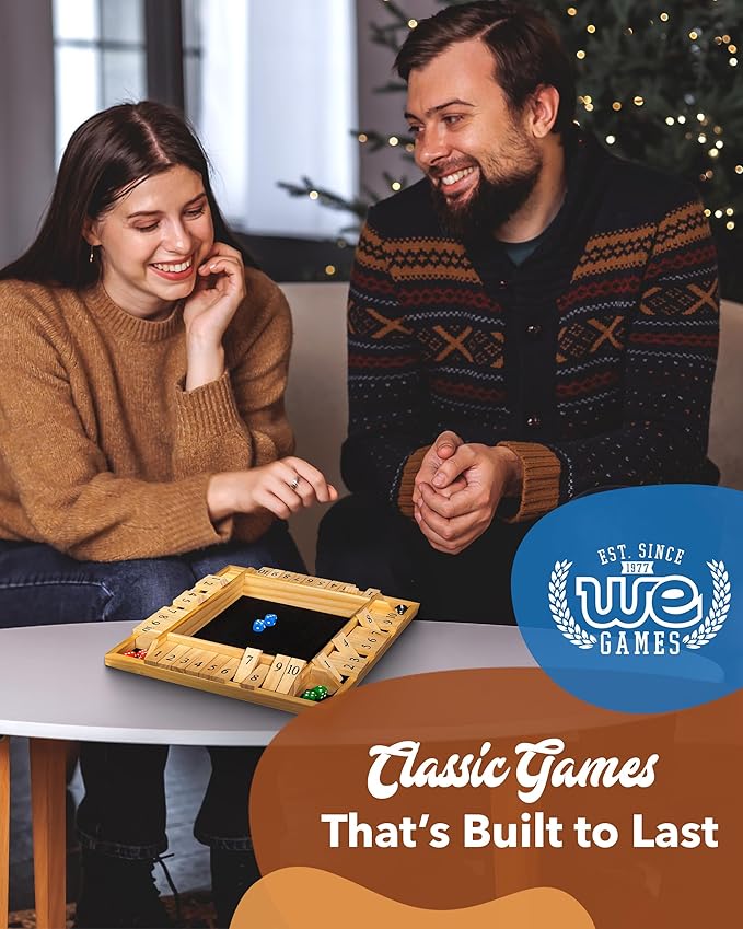 WE Games Wooden Shut the Box Game 4 Player - 10 Number Tiles & 8 Dice - Large 14-Inch Natural Wood Finish