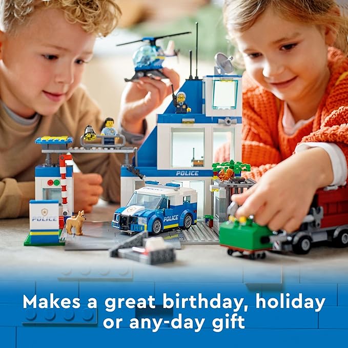 LEGO City Police Station with Van Garbage Truck & Helicopter Toy 60316 Gifts for 6 Plus Year Old Kids Boys & Girls with 5 Minifigures and Dog Toy
