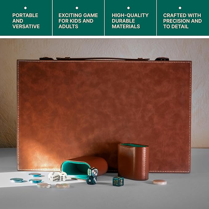 Premium 15 Inch Backgammon Set for Adults – Classic Faux Suede Leather Backgammon Board with 32 Chips Dice Cups & Doubling Cube