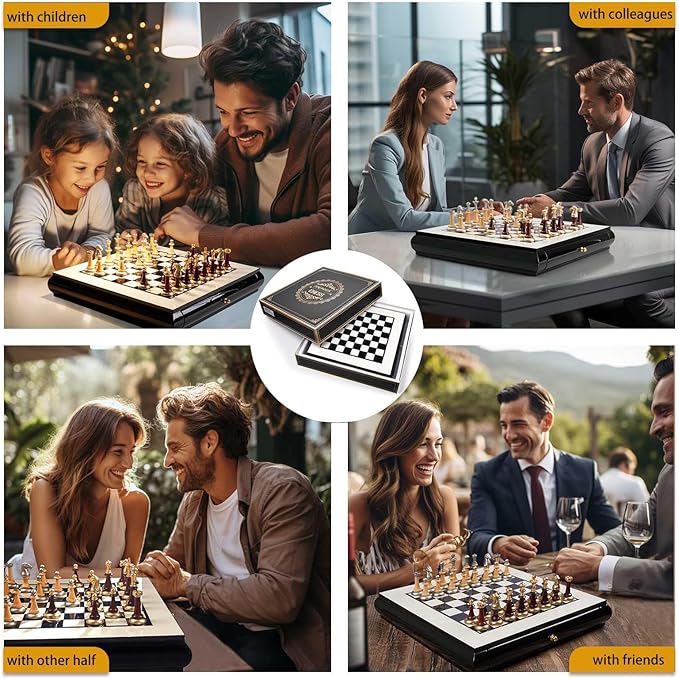 AMEROUS 16 Inches Wooden Chess Set Large Size Board with 2 Built-in Storage Drawers - 2 Extra Queens - Metallic & Wooden Chess Pieces - Gift Packaging Board Games for Adults and Kids