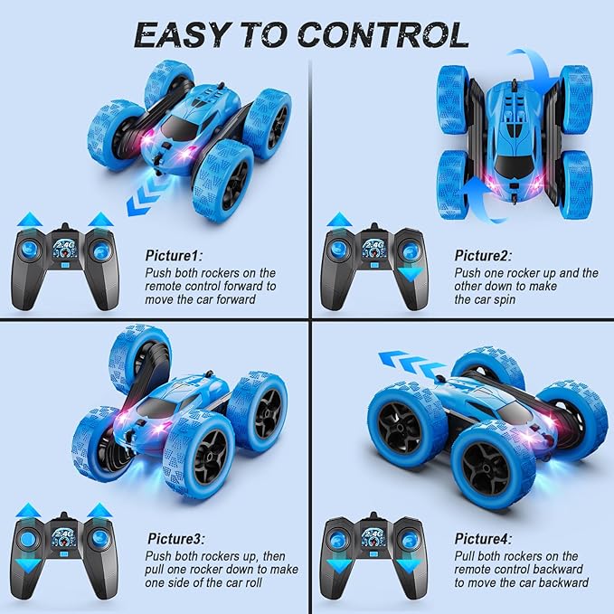 Remote Control Car RC Cars Toys for Kids Ages 6-12 4WD Stunt Car with LED Lights & 360° Flips 2.4GHz Upgraded USB-C Modular Batteries 8-10 Year Old Boys Birthday Gift 1-Blue