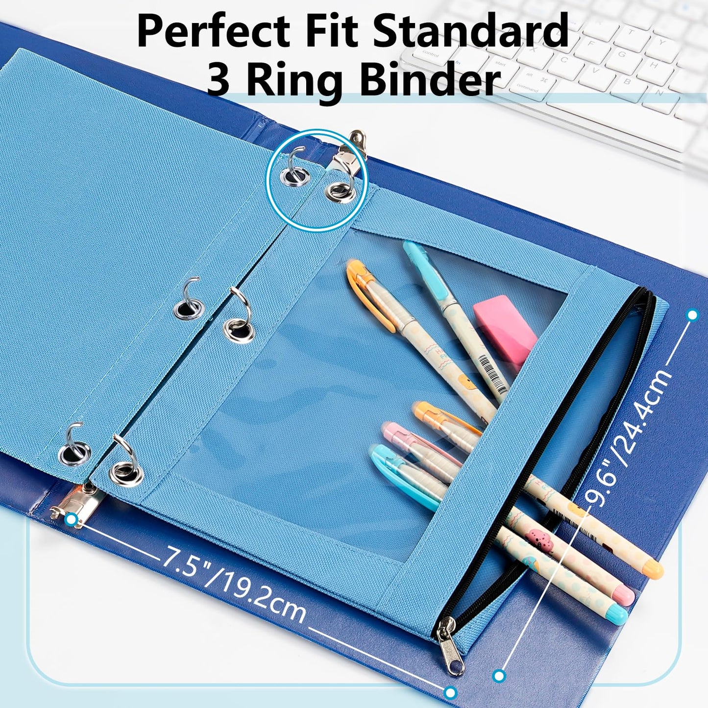 Forvencer Pencil Pouch for 3 Ring Binder, Binder Pencil Case with Smooth Zipper, Clear Window Pencil Case for Binder, Big Capacity 3 Ring Binder Pencil Bag with 3 Reinforced Grommets, Pink
